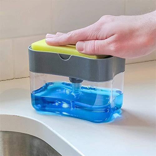 2 in 1 Soap Pump Dispenser for Dishwasher Liquid Soap Sponge Holder Free Sponge, Plastic